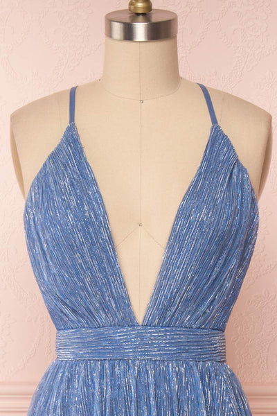 Noella Topaz Blue Mesh Gown with Plunging Neckline front close up | Boutique 1861