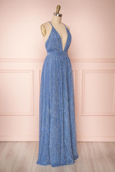 Noella Topaz Blue Mesh Gown with Plunging Neckline side view | Boutique 1861