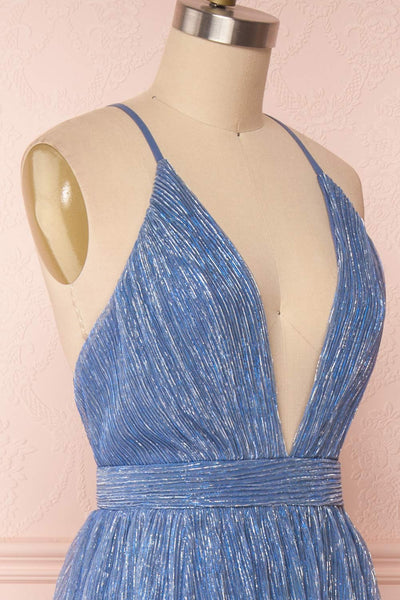 Noella Topaz Blue Mesh Gown with Plunging Neckline side close up | Boutique 1861
