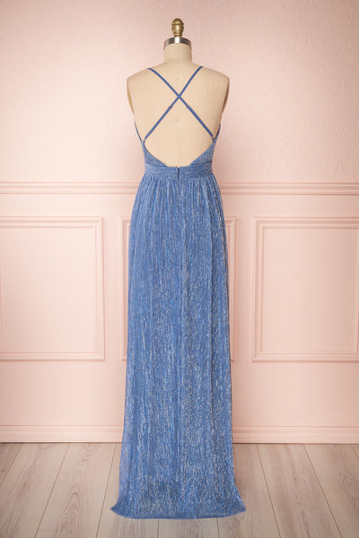 Noella Topaz Blue Mesh Gown with Plunging Neckline back view | Boutique 1861