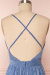 Noella Topaz Blue Mesh Gown with Plunging Neckline back close up | Boutique 1861