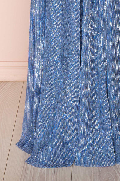 Noella Topaz Blue Mesh Gown with Plunging Neckline skirt close up | Boutique 1861