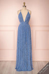 Noella Topaz Blue Mesh Gown with Plunging Neckline front view | Boutique 1861