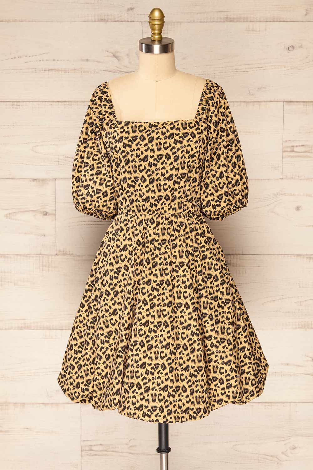 Noemimi Short Leopard Print Dress w/ Ruched Back | La petite garçonne front view 