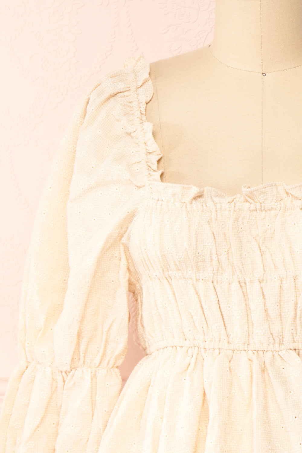 Nolla Babydoll Beige Gingham Dress w/ Flower Detailing | Boutique 1861 front close-up