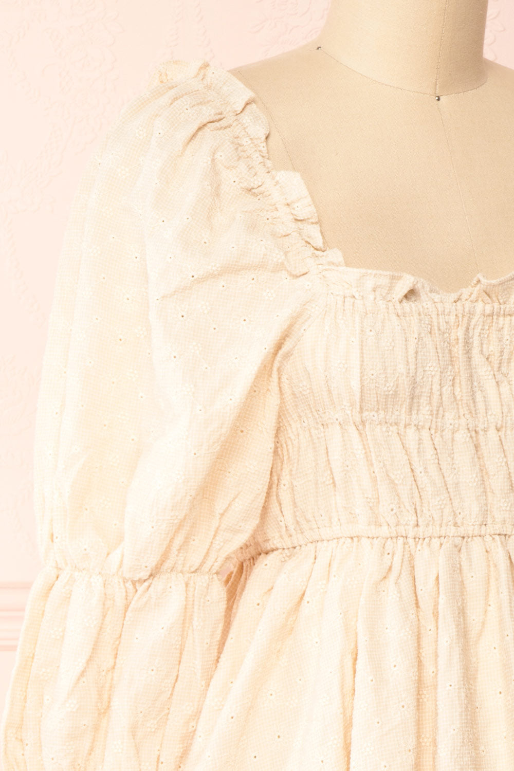 Nolla Babydoll Beige Gingham Dress w/ Flower Detailing | Boutique 1861 side close-up