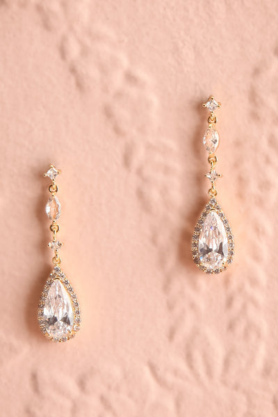 Noor Gold Crystal Pendant Earrings | Boudoir 1861 close-up
