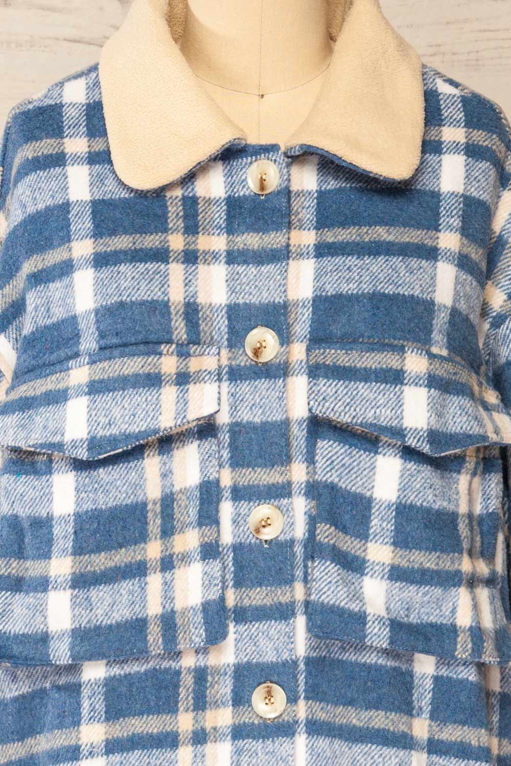 Norah Blue Plaid Shacket w/ Front Pockets | La petite garçonne front close-up