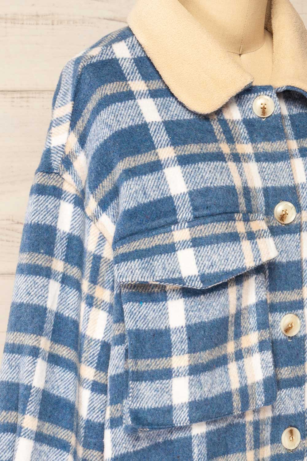 Norah Blue Plaid Shacket w/ Front Pockets | La petite garçonne side close-up