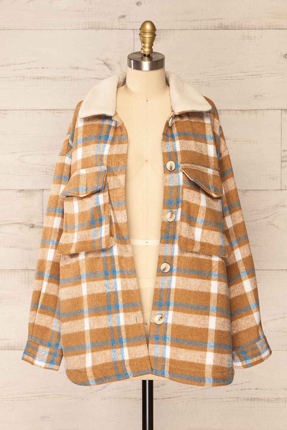 Norah Taupe Plaid Shacket w/ Front Pockets | La petite garçonne front open view