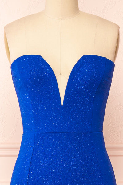 Norcia Blue Shimmery Bustier Mermaid Maxi Dress | Boutique 1861 front close-up