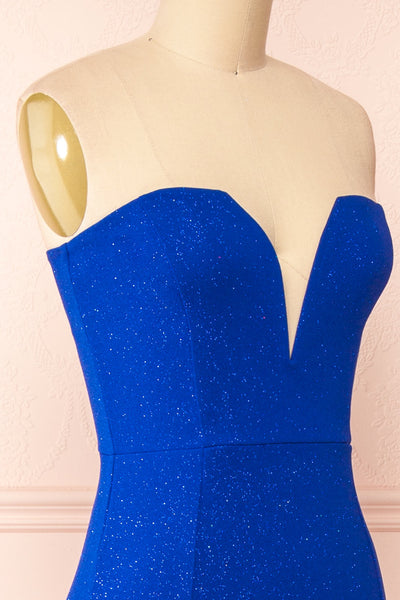 Norcia Blue Shimmery Bustier Mermaid Maxi Dress | Boutique 1861 side close-up