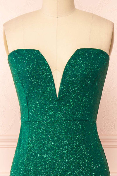 Norcia Green Shimmery Bustier Mermaid Maxi Dress | Boutique 1861  front close-up