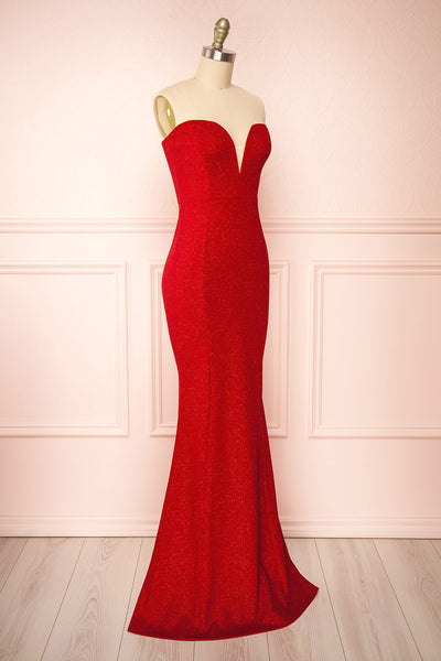 Norcia Red Shimmery Bustier Mermaid Maxi Dress | Boutique 1861 side view