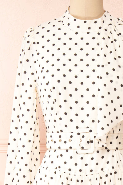 Nordis Belted Polka-Dot Midi Dress | La petite garçonne front close-up  side view