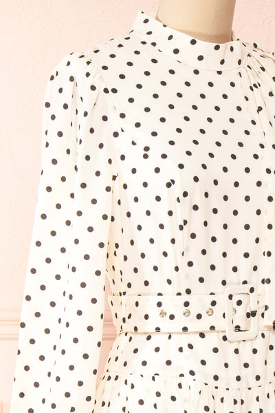 Nordis Belted Polka-Dot Midi Dress | La petite garçonne side close-up