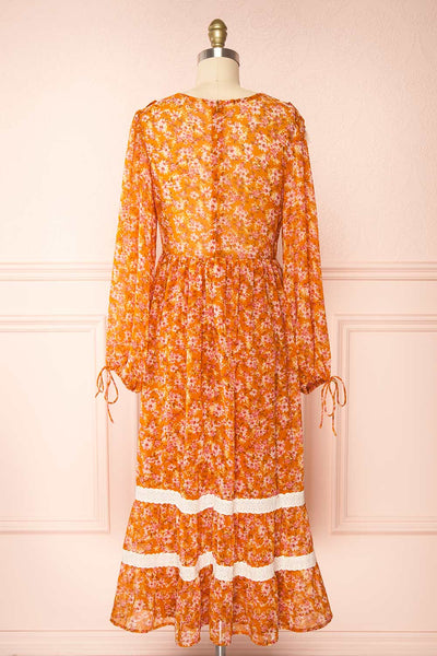 Normandine Floral Midi Dress w/ Long Sleeves and Lace | Boutique 1861 back view
