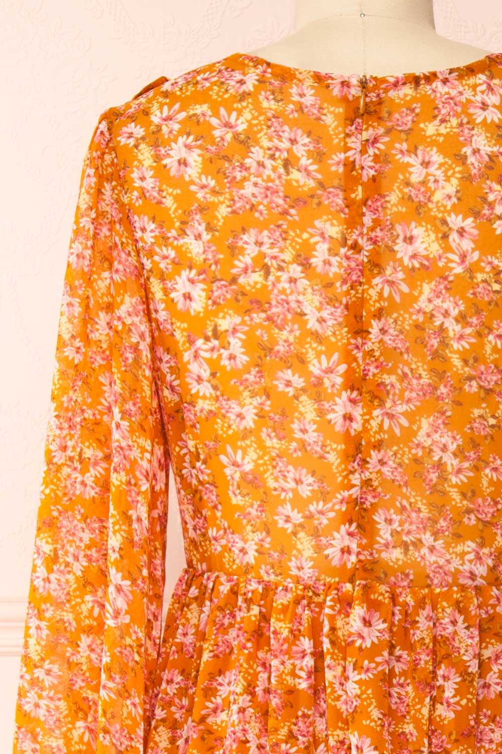Normandine Floral Midi Dress w/ Long Sleeves and Lace | Boutique 1861 back close-up