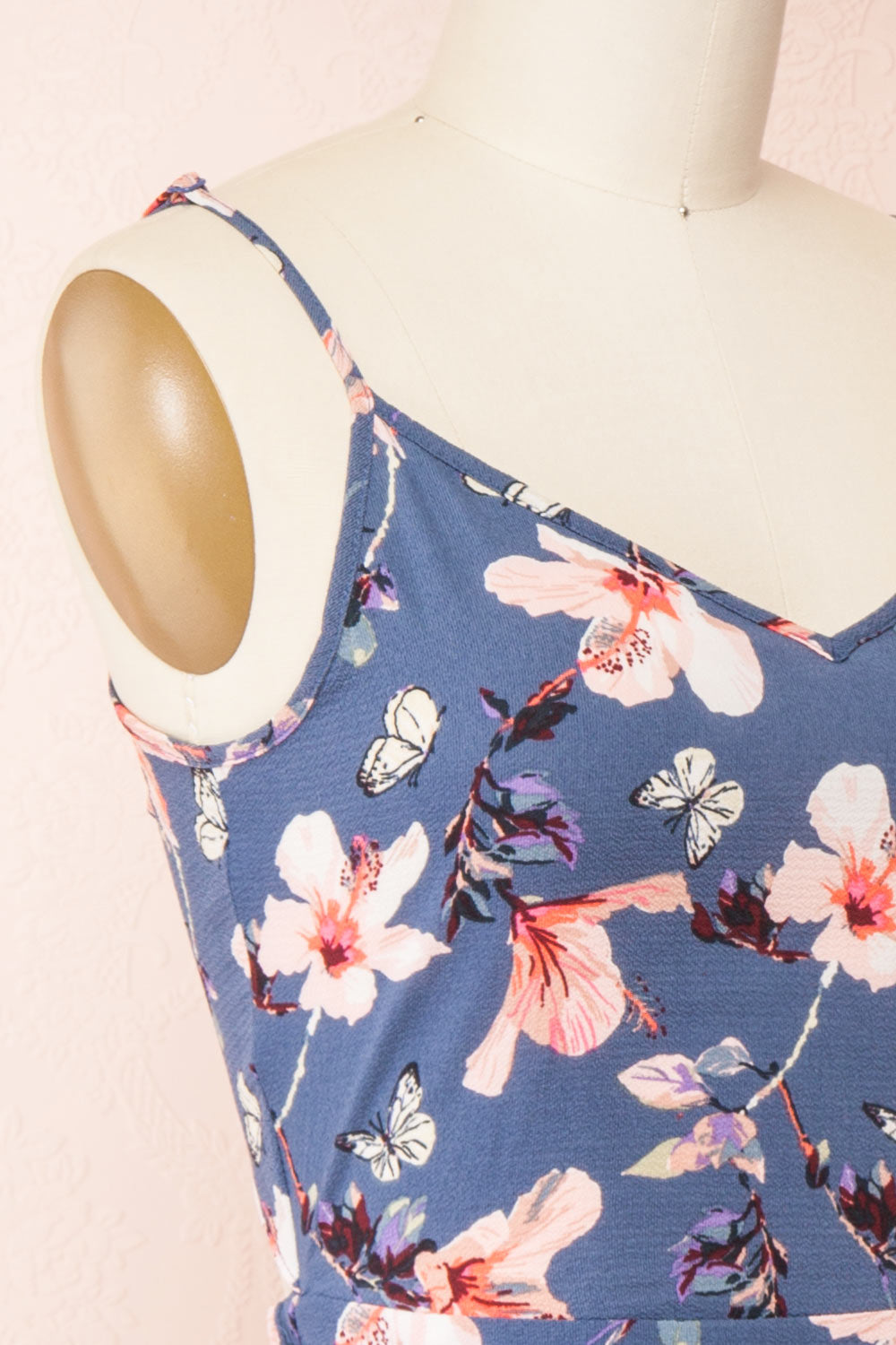Nouli Blue Floral Sleeveless V-Neck Romper | Boutique 1861 side close-up