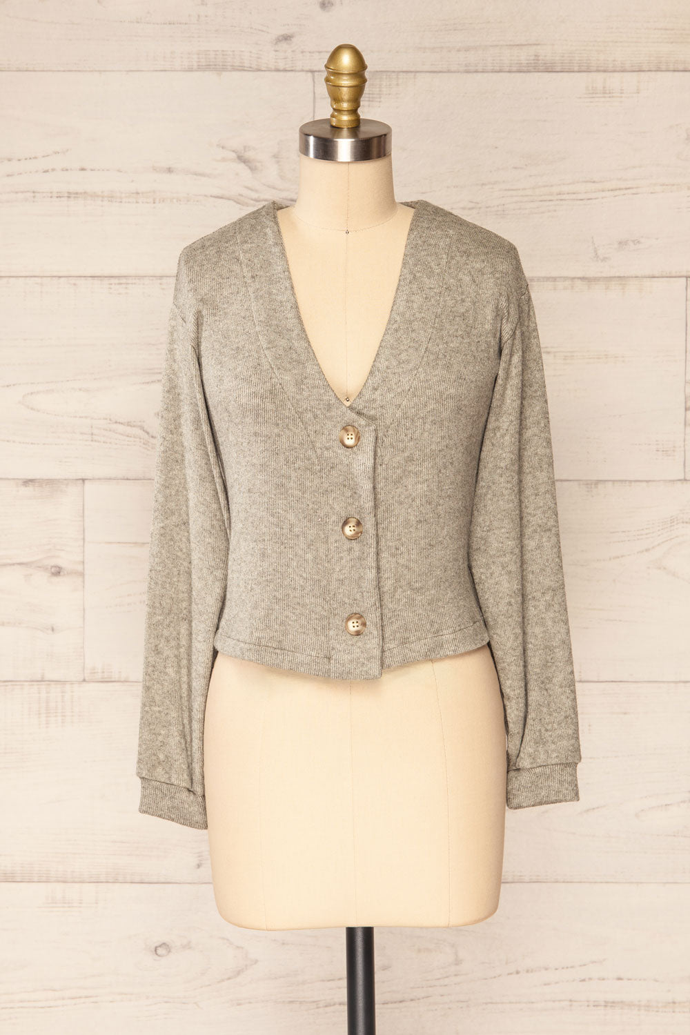 Nova Grey Ribbed Button-Up V-Neck Cardigan | La petite garçonne front view