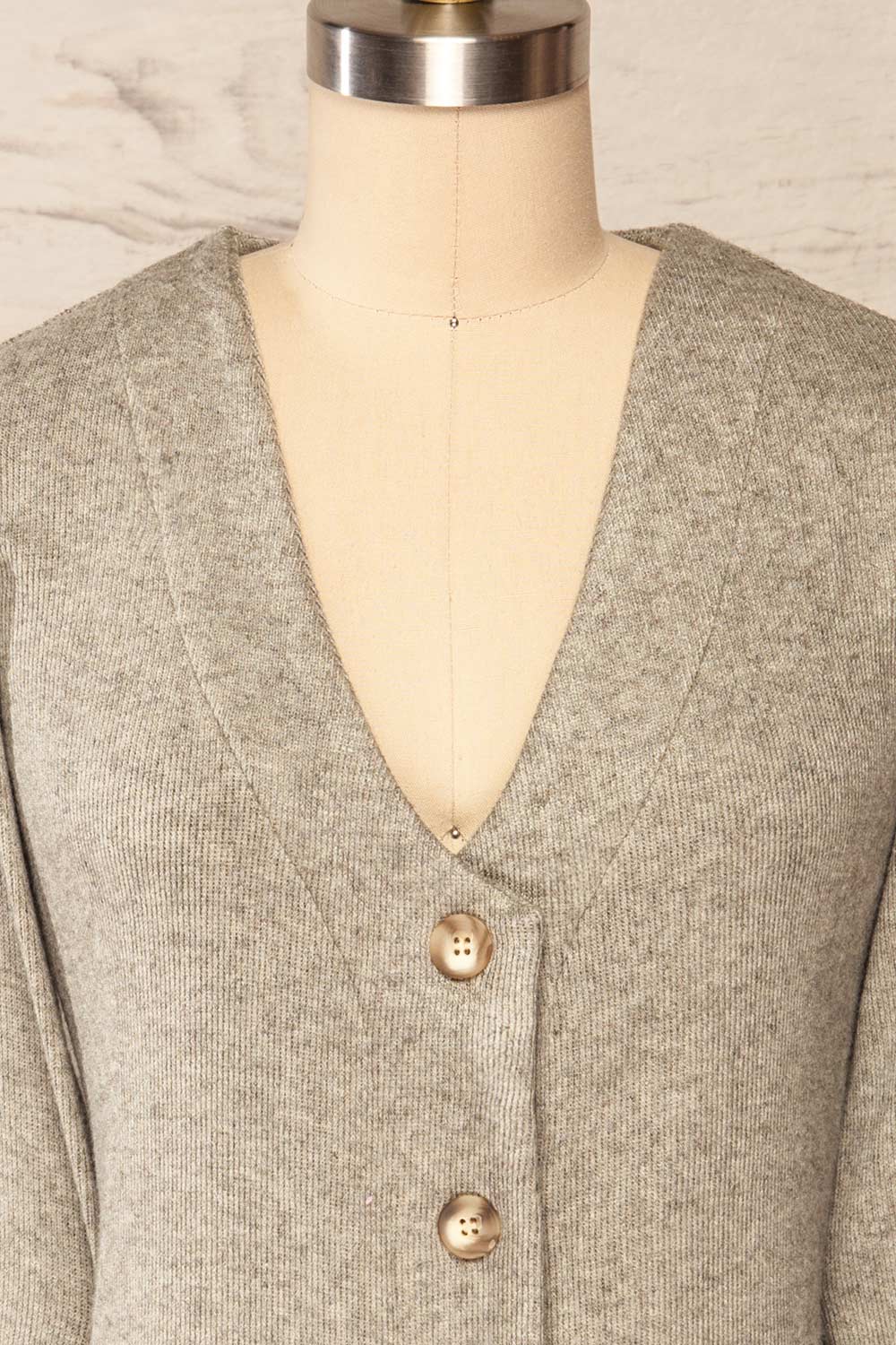 Nova Grey Ribbed Button-Up V-Neck Cardigan | La petite garçonne front close up