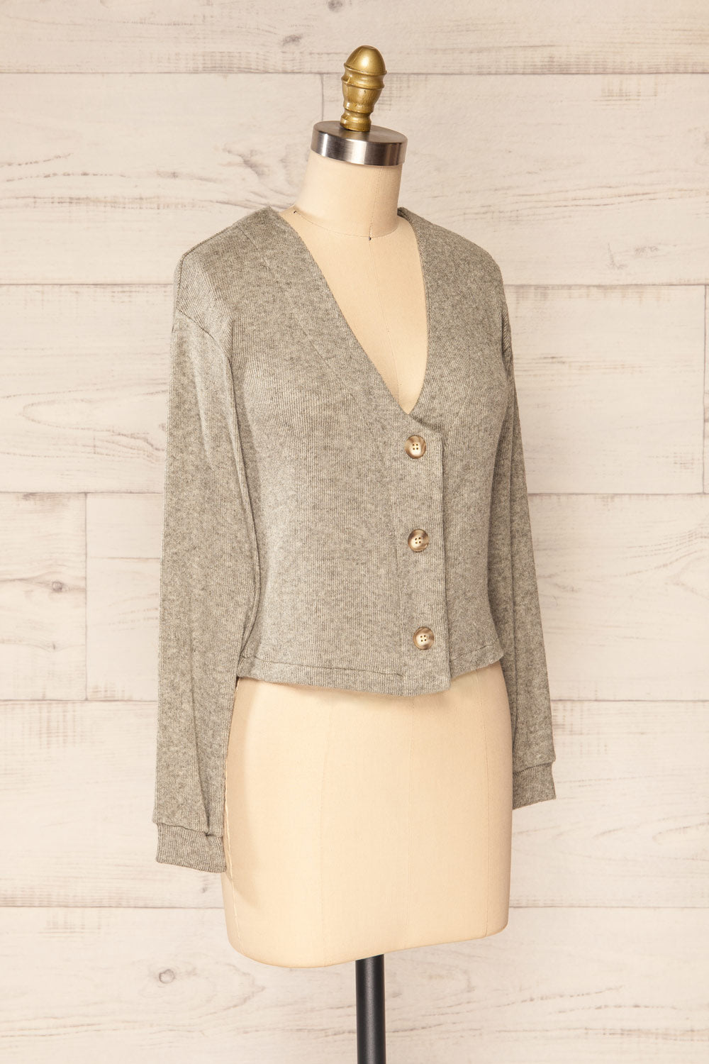 Nova Grey Ribbed Button-Up V-Neck Cardigan | La petite garçonne side view