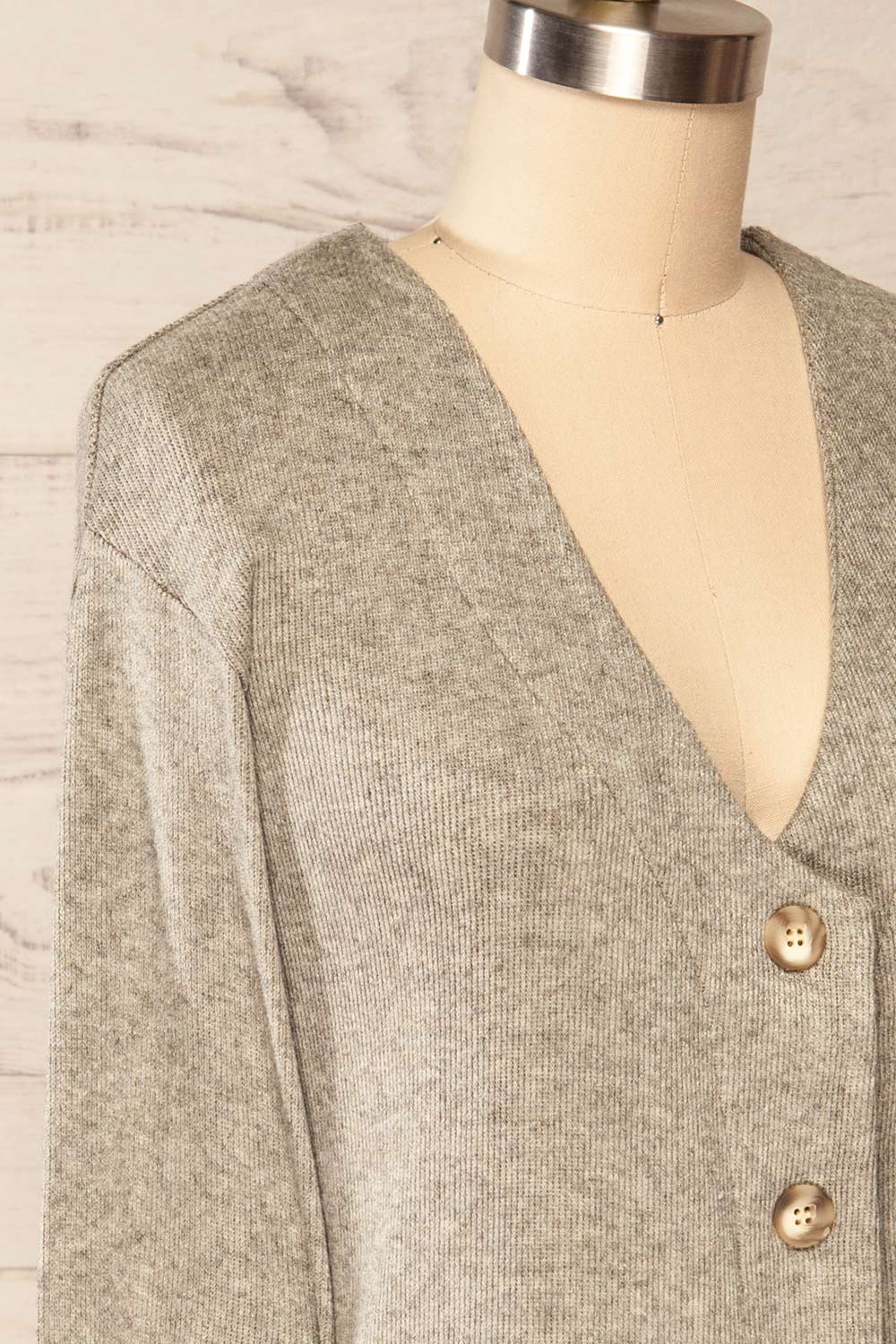 Nova Grey Ribbed Button-Up V-Neck Cardigan | La petite garçonne side close up