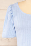 Nuova Blue Crop-Top w/ Puff Sleeves | La petite garçonne front close-up