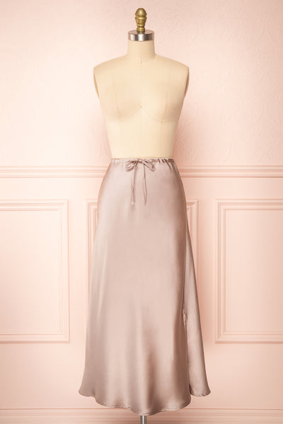 Oana Rose Gold Satin Midi Skirt with Side Slit | Boutique 1861 front view