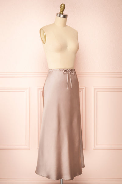 Oana Rose Gold Satin Midi Skirt with Side Slit | Boutique 1861 side view