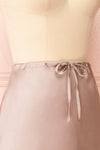 Oana Rose Gold Satin Midi Skirt with Side Slit | Boutique 1861 side close-up