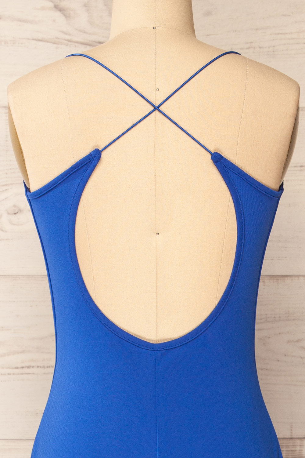 Ocala Blue Fitted Open-Back Maxi Dress | La petite garçonne  back close-up