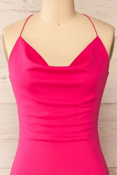 Ocala Fuchsia Fitted Open-Back Maxi Dress | La petite garçonne front close-up