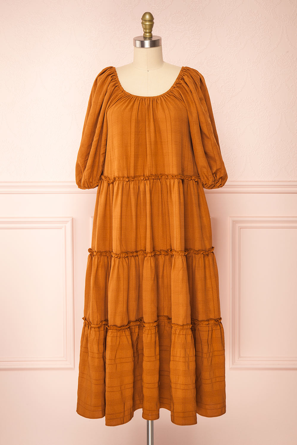 Odalys Puffed Sleeves Rust Midi Tiered Dress | Boutique 1861 front view 