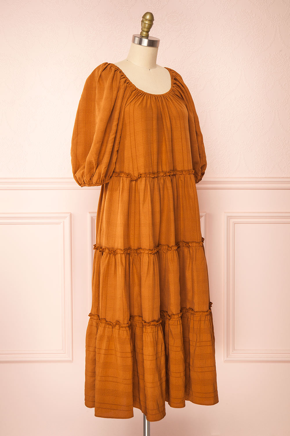 Odalys Puffed Sleeves Rust Midi Tiered Dress | Boutique 1861 side view 