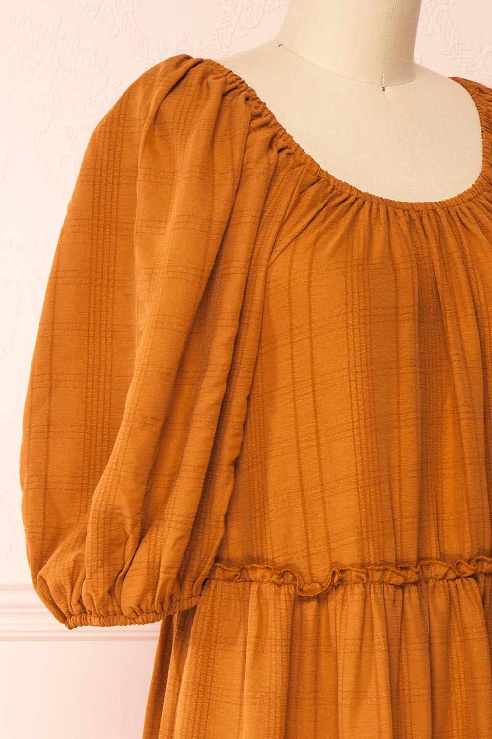 Odalys Puffed Sleeves Rust Midi Tiered Dress | Boutique 1861 side close-up