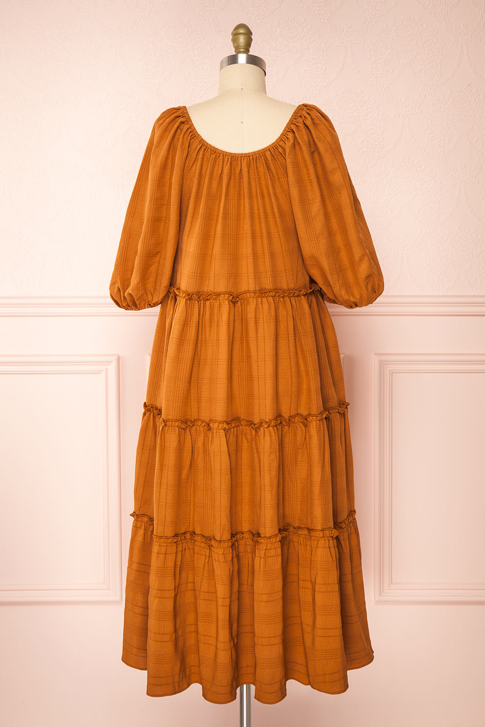 Odalys Puffed Sleeves Rust Midi Tiered Dress | Boutique 1861 back view 