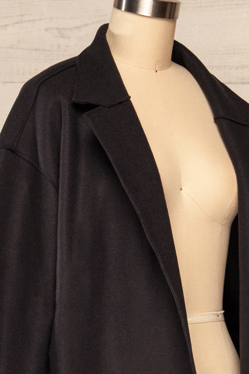 Oia Black Open Front Trench Coat | La petite garçonne side close up