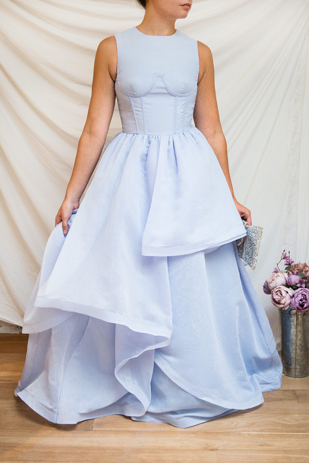 Olalla Light Blue Asymmetrical Maxi Dress | Boutique 1861 on model