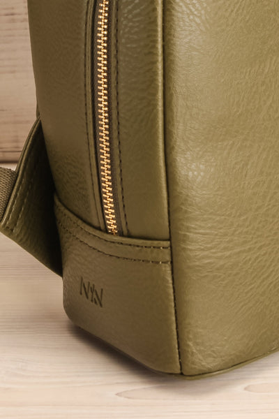 Olly Leaf Olive Green Vegan Leather Backpack side close-up | La Petite Garçonne