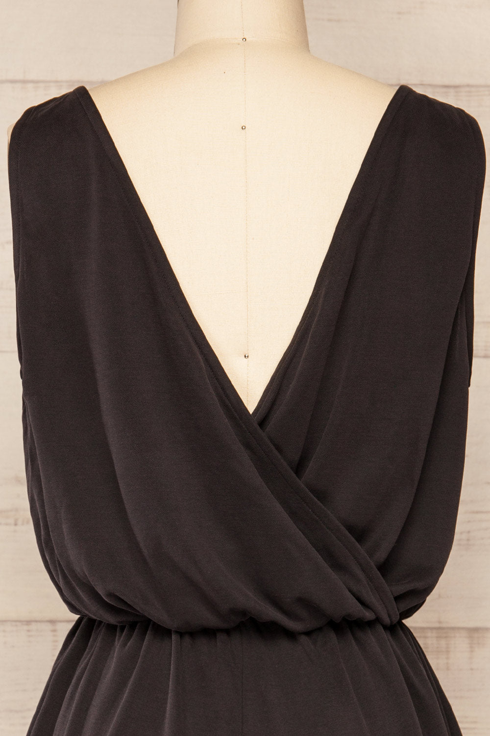 Opoczno Black Sleeveless Plunging Neckline Romper | La petite garçonne back close-up