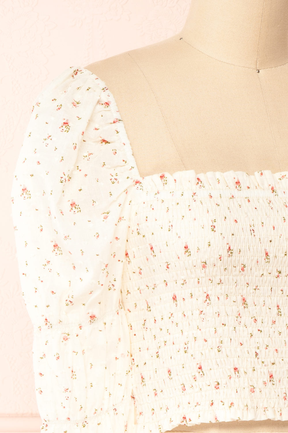 Orithyia Beige Floral Crop Top w/ Square Neckline | boutique 1861 side close-up