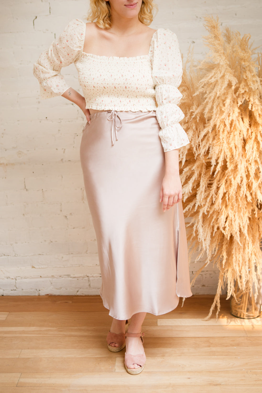 Oana Rose Gold Satin Midi Skirt with Side Slit   Boutique