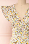 Orivesi Colorful Floral Midi Dress w/ Frills | Boutique 1861 front close-up