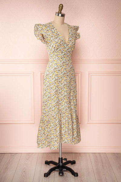 Orivesi Colorful Floral Midi Dress w/ Frills | Boutique 1861 side view