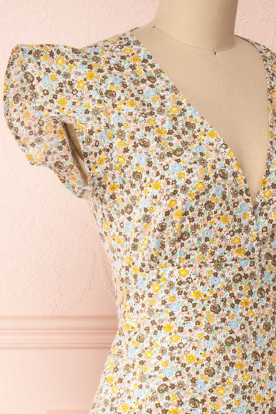 Orivesi Colorful Floral Midi Dress w/ Frills | Boutique 1861 side close-up