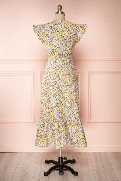Orivesi Colorful Floral Midi Dress w/ Frills | Boutique 1861 back view