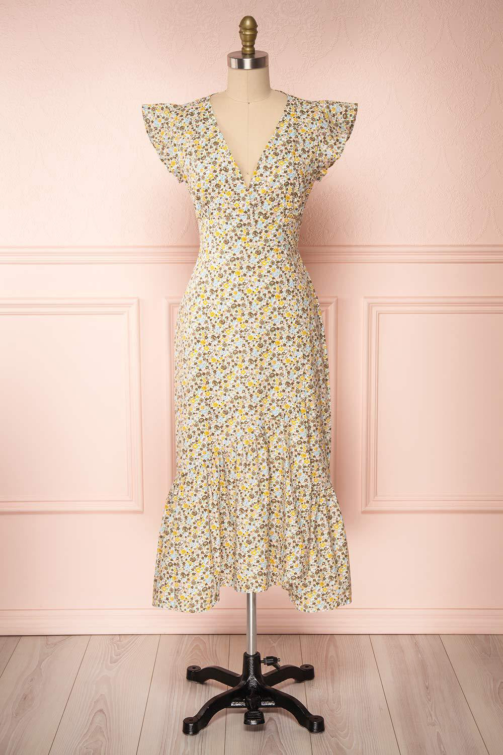 Orivesi Colorful Floral Midi Dress w/ Frills | Boutique 1861