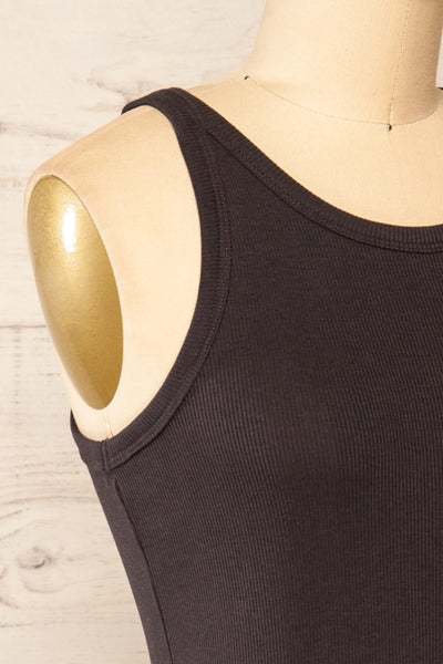 Orzesze Charcoal Ribbed Halter Neck Fitted Dress | La petite garçonne side close-up