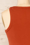 Orzesze Rust Ribbed Halter Neck Fitted Dress | La petite garçonne back close-up